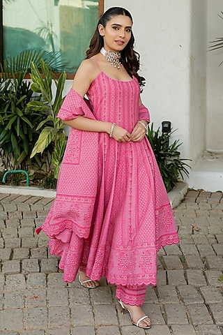 Fuchsia Pink Vegan Silk Chikankari Anarkali Set by Safaa