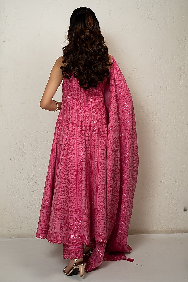 Fuchsia Pink Vegan Silk Chikankari Wedding Anarkali Set by Safaa at Pernia's Pop Up Shop