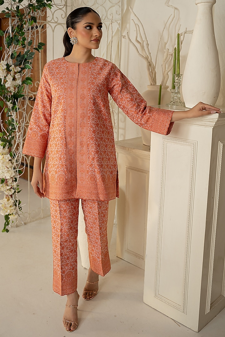 Orange Moonga Silk Chikankari Co-Ord Set by Safaa at Pernia's Pop Up Shop