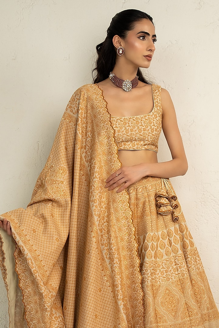 Marigold Vegan Silk Chikankari Wedding Lehenga Set by Safaa at Pernia's Pop Up Shop