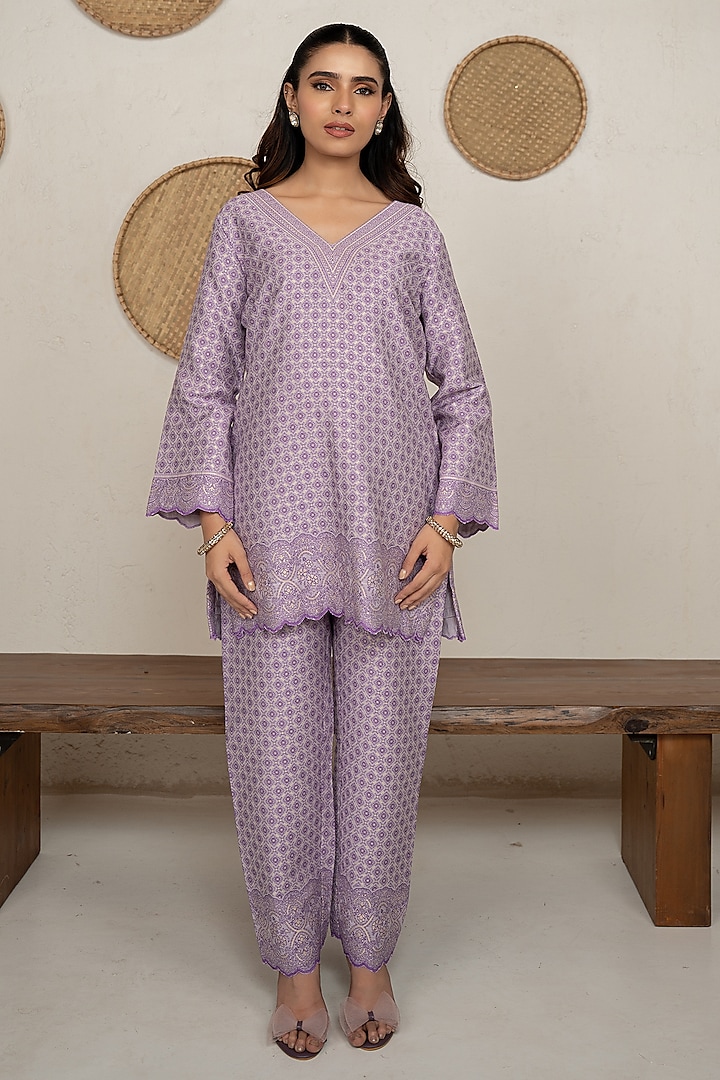 Violet Moonga Silk Chikankari Tunic Set by Safaa at Pernia's Pop Up Shop