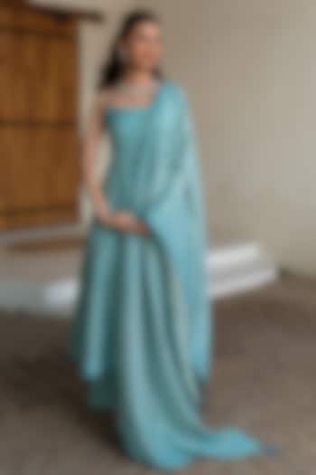Aqua Blue Vegan Silk Chikankari Wedding Anarkali Set by Safaa at Pernia's Pop Up Shop