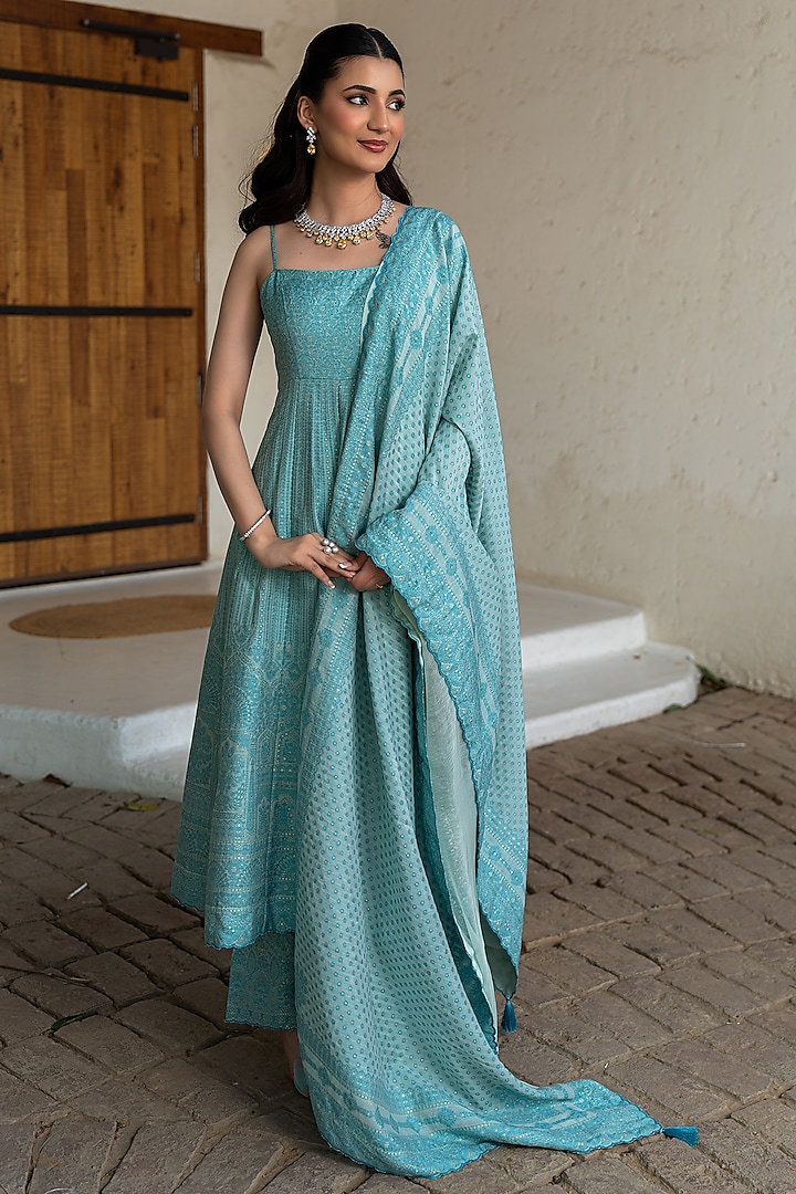 Aqua Blue Vegan Silk Chikankari Wedding Anarkali Set by Safaa at Pernia's Pop Up Shop