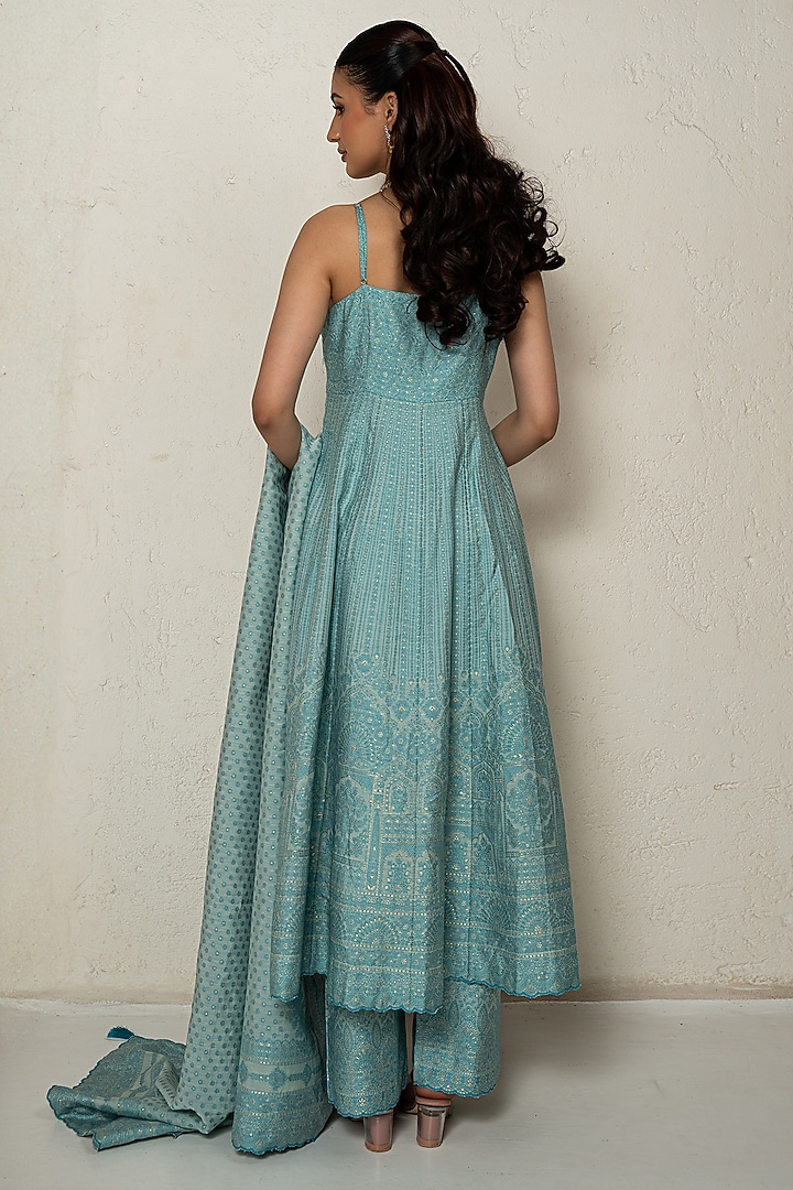 Aqua Blue Vegan Silk Chikankari Wedding Anarkali Set by Safaa at Pernia's Pop Up Shop