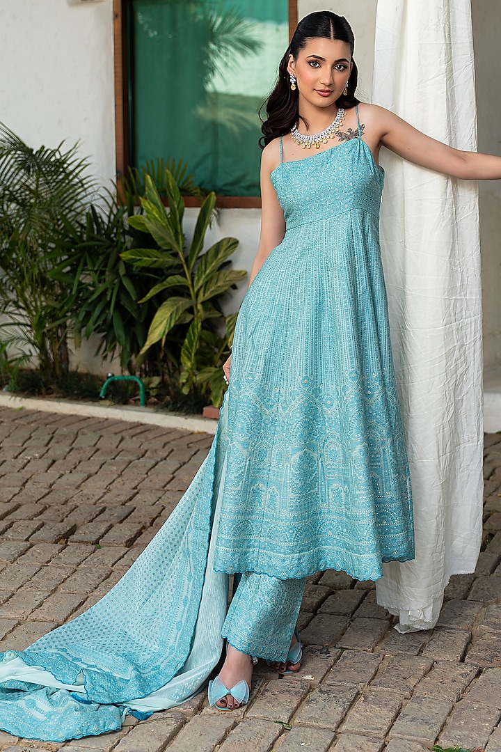 Aqua Blue Vegan Silk Chikankari Wedding Anarkali Set by Safaa at Pernia's Pop Up Shop