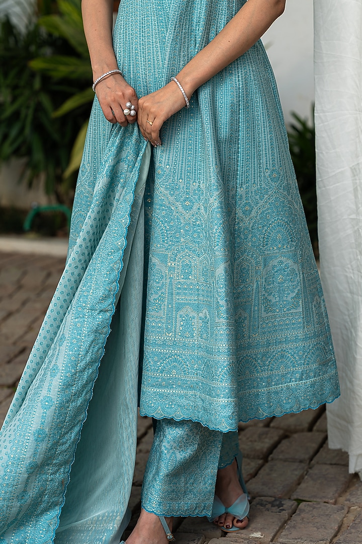 Aqua Blue Vegan Silk Chikankari Wedding Anarkali Set by Safaa at Pernia's Pop Up Shop