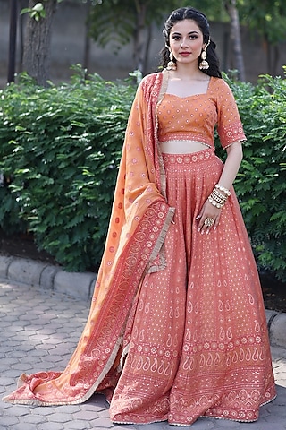 Coral Woven Chikankari Lehenga Set by Safaa