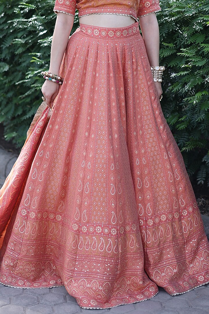 Coral Woven Chikankari Wedding Lehenga Set by Safaa at Pernia's Pop Up Shop