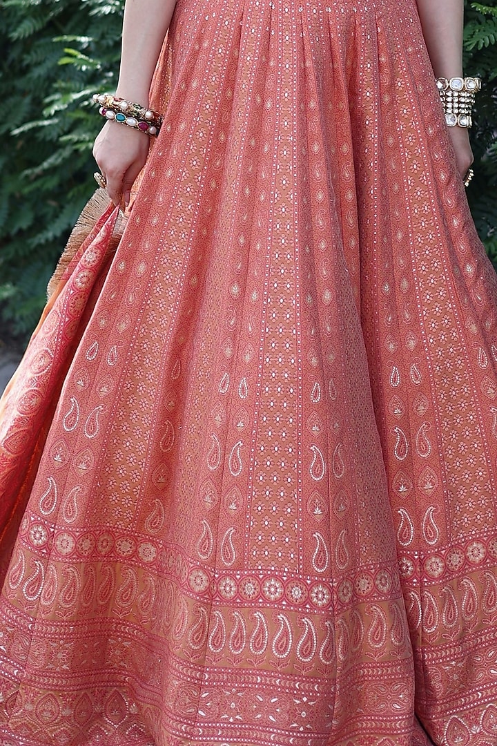 Coral Woven Chikankari Wedding Lehenga Set by Safaa at Pernia's Pop Up Shop