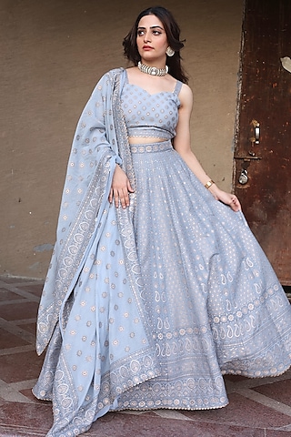 Cool Gray Woven Chikankari Lehenga Set by Safaa