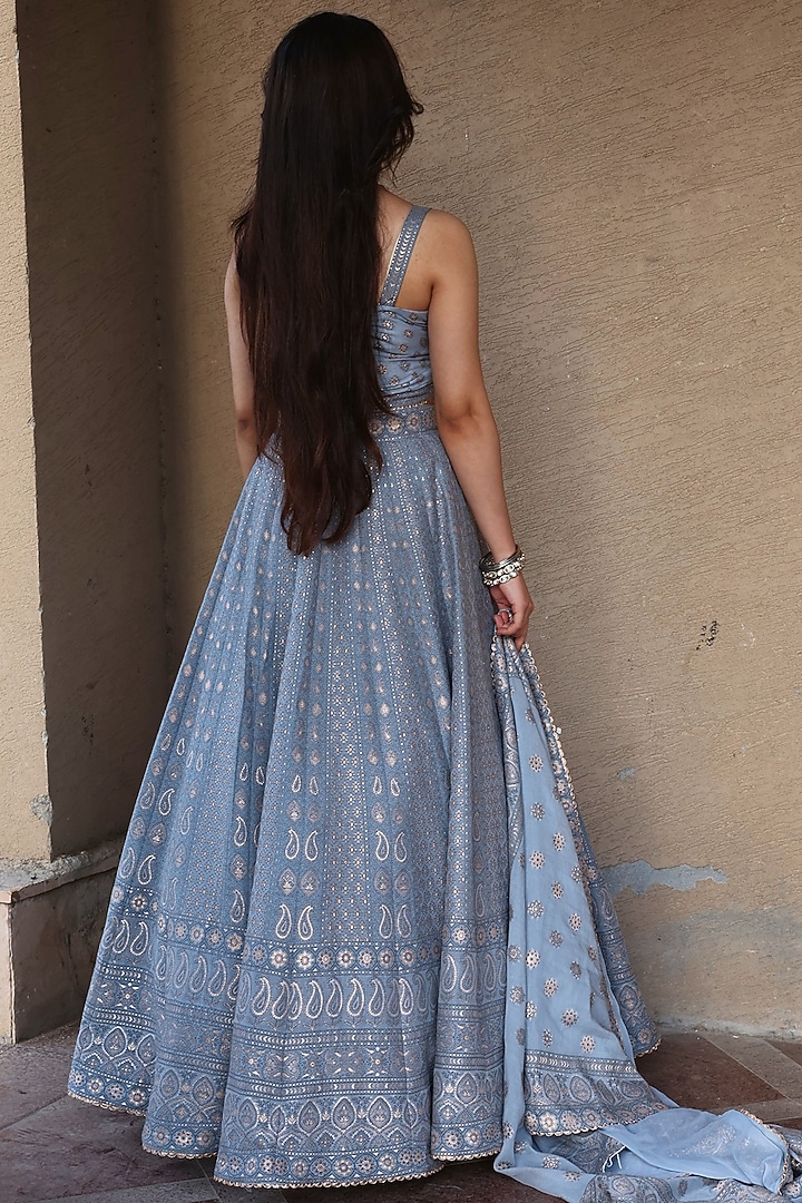 Cool Gray Woven Chikankari Wedding Lehenga Set by Safaa at Pernia's Pop Up Shop