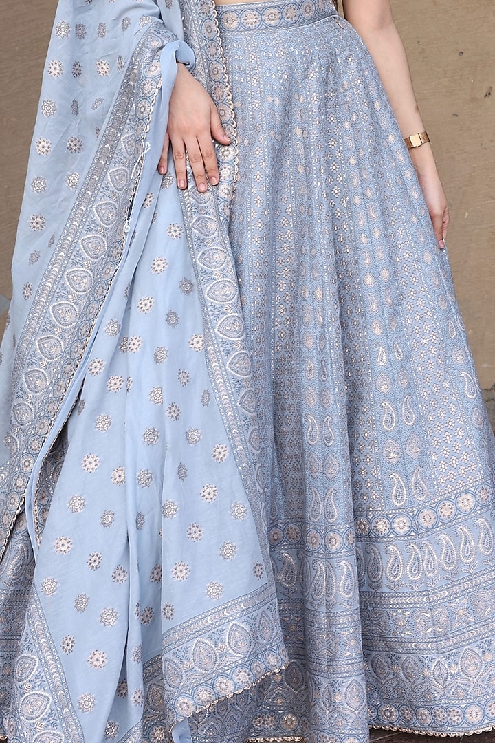 Cool Gray Woven Chikankari Wedding Lehenga Set by Safaa at Pernia's Pop Up Shop