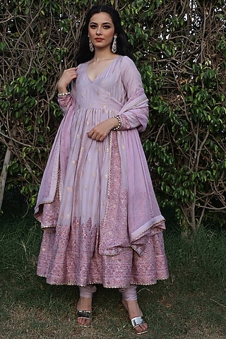 Lilac Woven Motif Angrakha Anarkali Set by Safaa