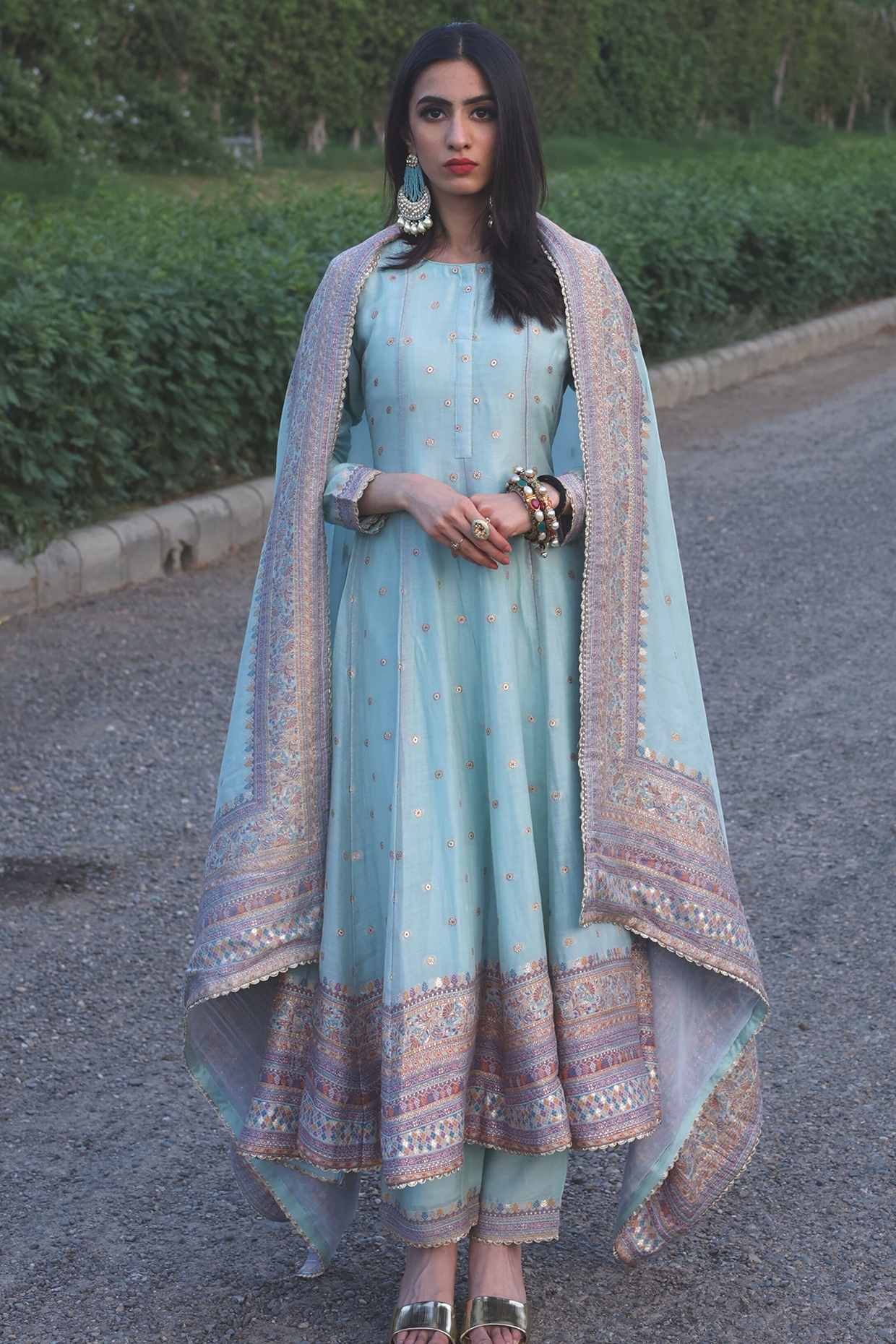 Sea Green Woven Anarkali Set by Safaa