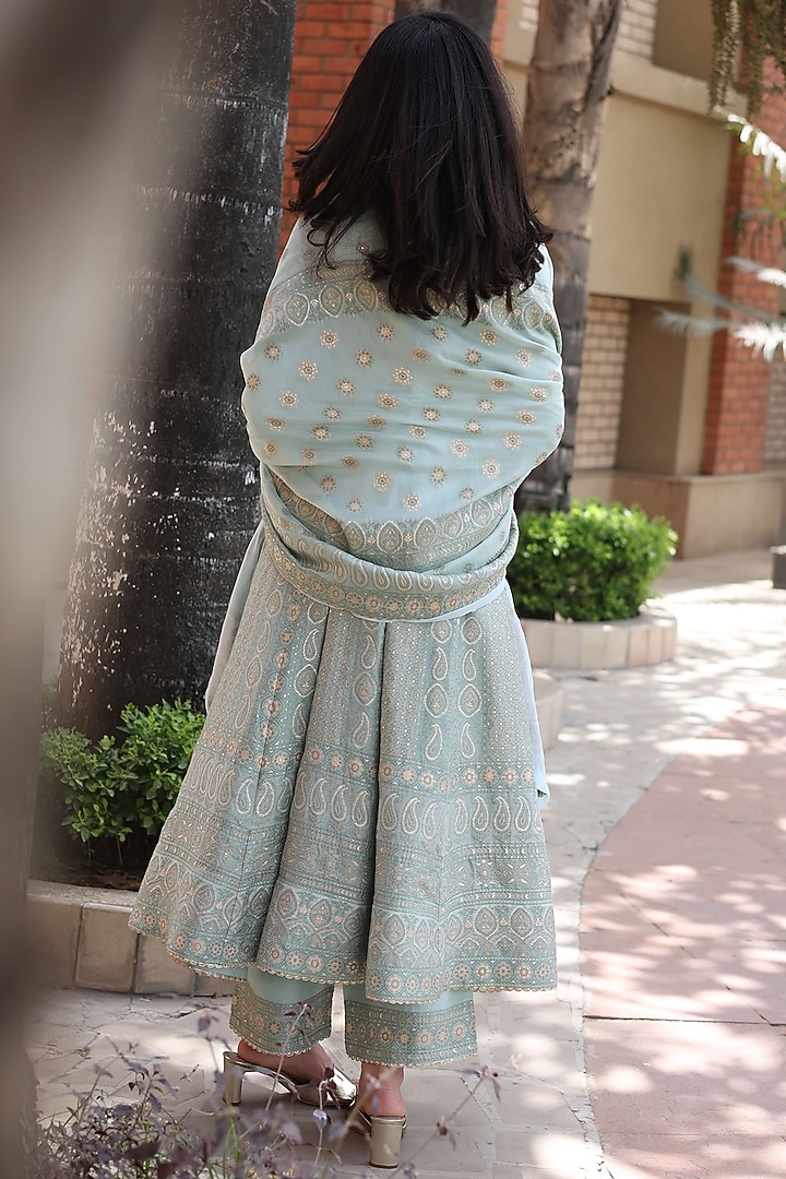 Sea Foam Green Woven Striped Wedding Anarkali Set by Safaa at Pernia's Pop Up Shop