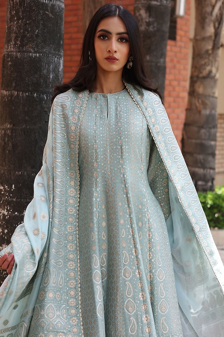 Sea Foam Green Woven Striped Wedding Anarkali Set by Safaa at Pernia's Pop Up Shop