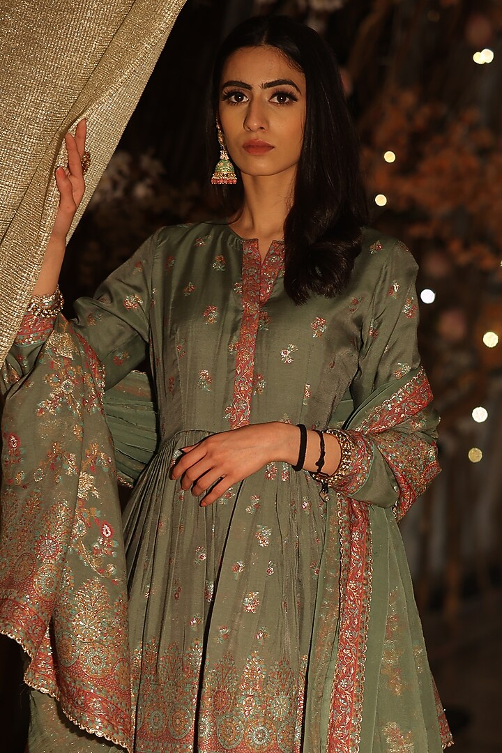 Green Woven Floral Motif Gharara Set by Safaa at Pernia's Pop Up Shop