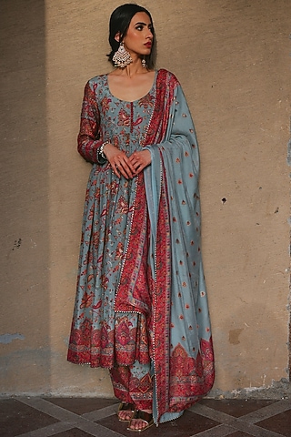 Dusky Green Woven Paisley Anarkali Set by Safaa