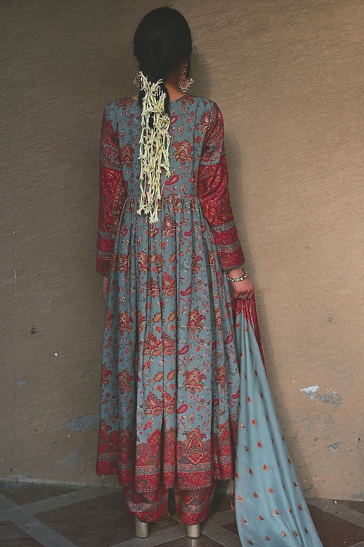 Dusky Green Woven Paisley Wedding Anarkali Set by Safaa at Pernia's Pop Up Shop