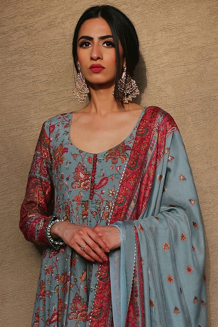 Dusky Green Woven Paisley Wedding Anarkali Set by Safaa at Pernia's Pop Up Shop