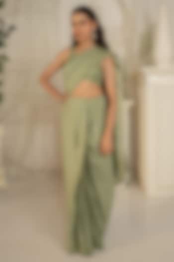 Sage Green Moonga Silk Floral Wedding Saree Set by Safaa at Pernia's Pop Up Shop