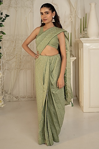 Sage Green Moonga Silk Floral Saree Set by Safaa