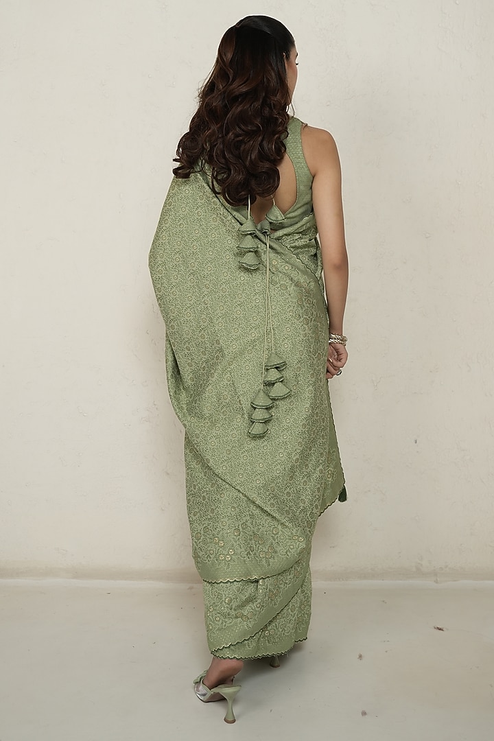 Sage Green Moonga Silk Floral Wedding Saree Set by Safaa at Pernia's Pop Up Shop