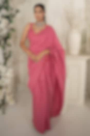 Fuchsia Pink Vegan Silk Floral Chikankari Work Wedding Saree Set by Safaa at Pernia's Pop Up Shop