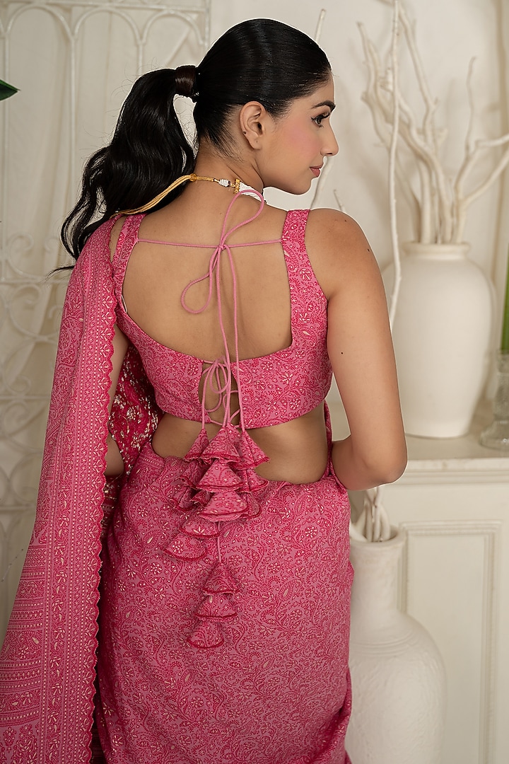Fuchsia Pink Vegan Silk Floral Chikankari Work Wedding Saree Set by Safaa at Pernia's Pop Up Shop