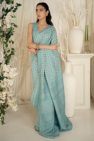 Aqua Blue Vegan Silk Floral Chikankari Work Saree Set by Safaa