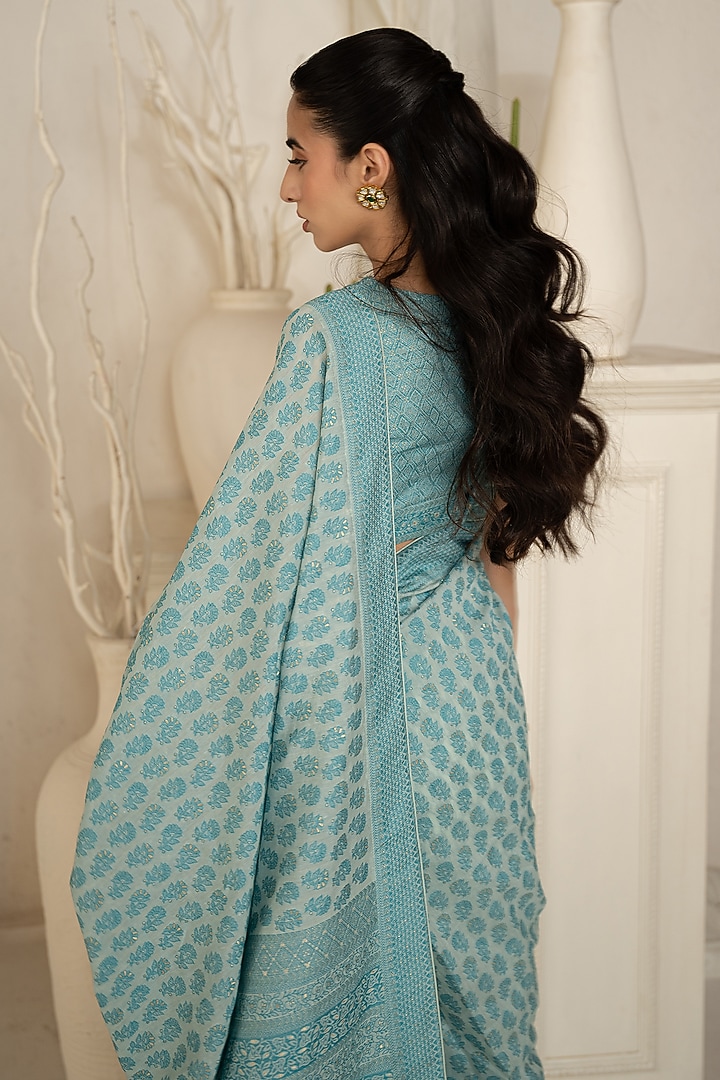 Aqua Blue Vegan Silk Floral Chikankari Work Wedding Saree Set by Safaa at Pernia's Pop Up Shop