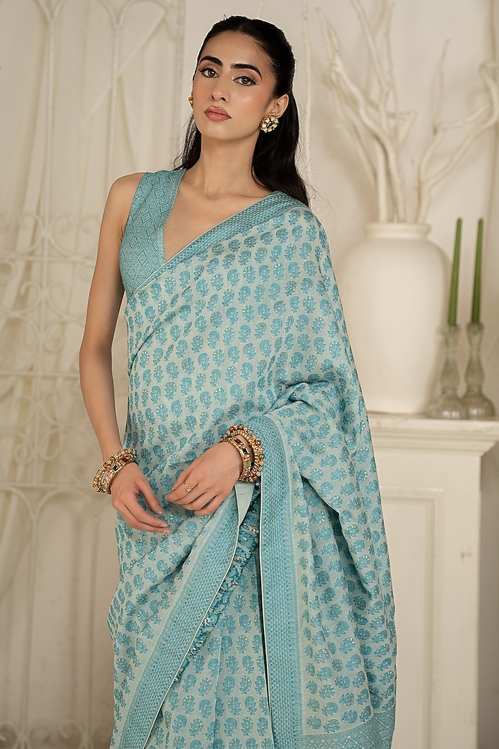 Aqua Blue Vegan Silk Floral Chikankari Work Wedding Saree Set by Safaa at Pernia's Pop Up Shop