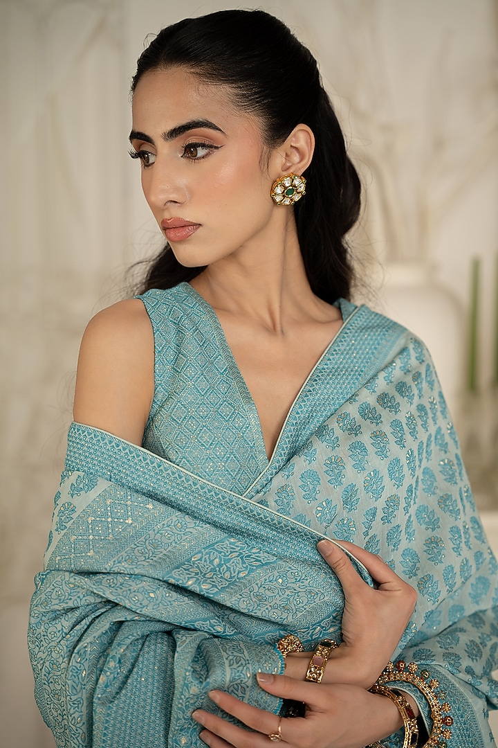 Aqua Blue Vegan Silk Floral Chikankari Work Wedding Saree Set by Safaa at Pernia's Pop Up Shop