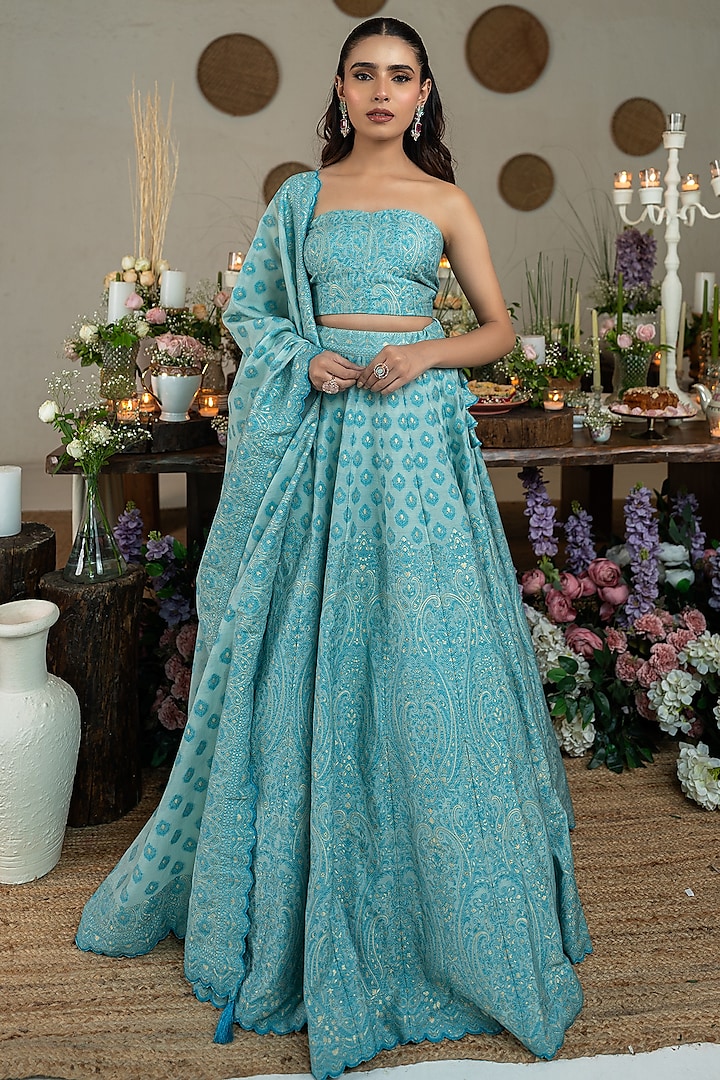 Aqua Blue Vegan Silk Floral Motifs Wedding Lehenga Set by Safaa at Pernia's Pop Up Shop