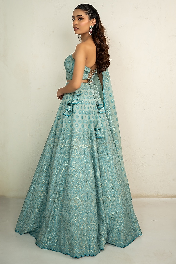 Aqua Blue Vegan Silk Floral Motifs Wedding Lehenga Set by Safaa at Pernia's Pop Up Shop