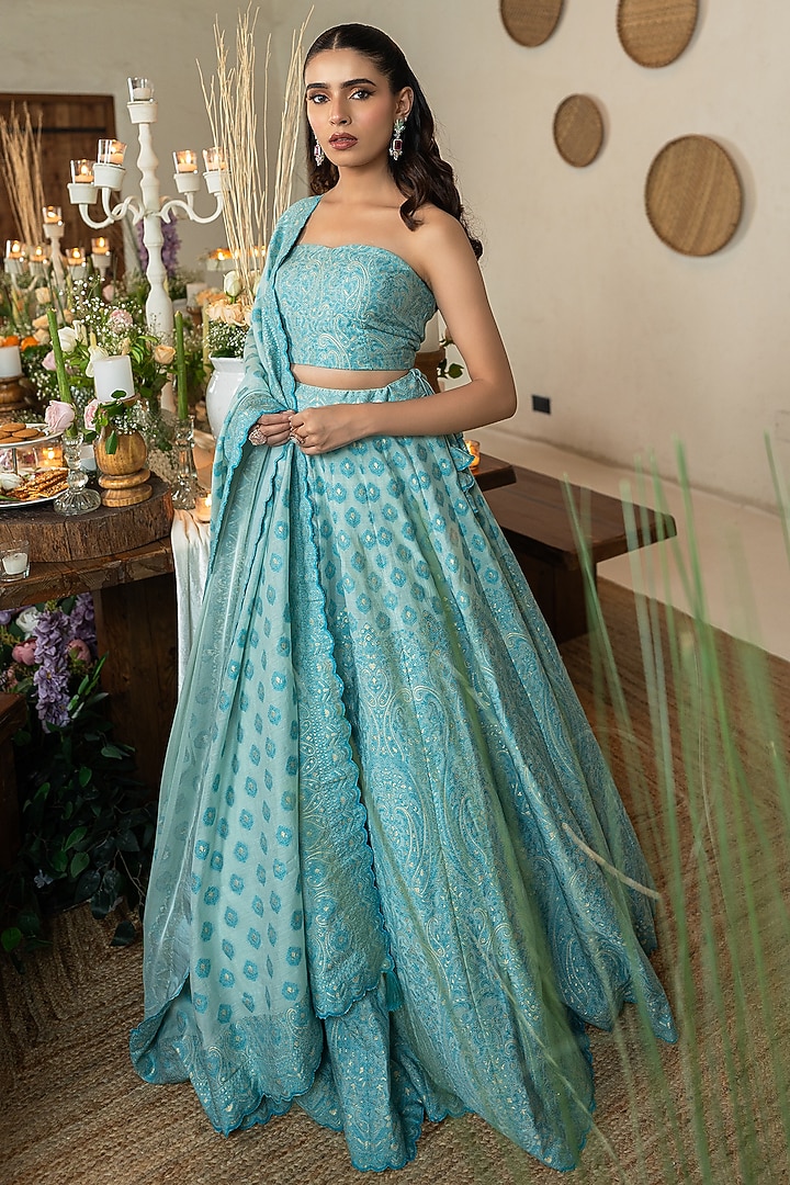 Aqua Blue Vegan Silk Floral Motifs Wedding Lehenga Set by Safaa at Pernia's Pop Up Shop