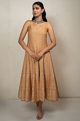 Marigold Vegan Silk Chikankari Anarkali  by Safaa