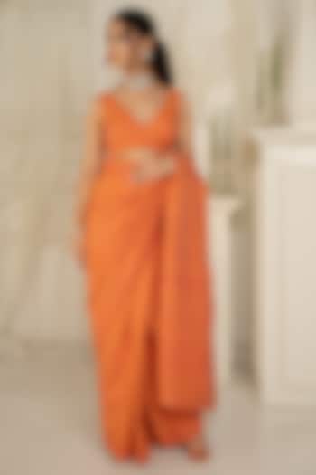 Tangerine Moonga Silk Floral Chikankari Work Wedding Saree Set by Safaa at Pernia's Pop Up Shop