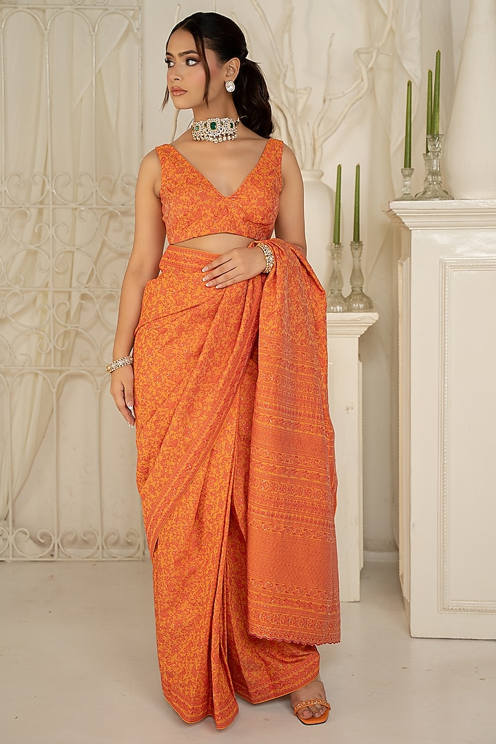 Tangerine Moonga Silk Floral Chikankari Work Wedding Saree Set by Safaa at Pernia's Pop Up Shop