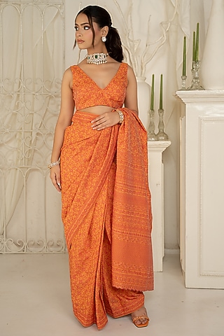 Tangerine Moonga Silk Floral Chikankari Work Saree Set by Safaa