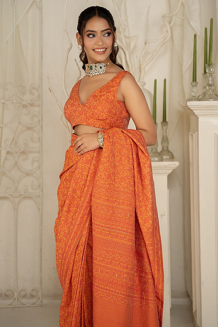 Tangerine Moonga Silk Floral Chikankari Work Wedding Saree Set by Safaa at Pernia's Pop Up Shop