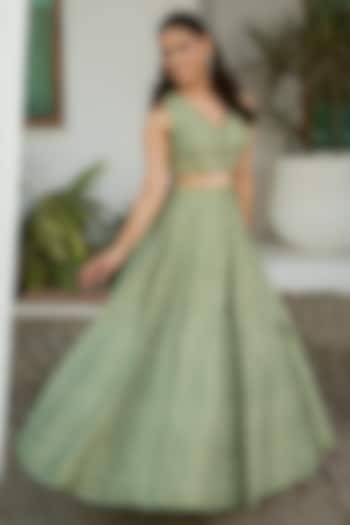 Sage Green Vegan Silk Chikankari Skirt Set by Safaa at Pernia's Pop Up Shop