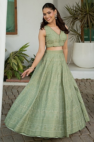 Sage Green Vegan Silk Chikankari Skirt Set by Safaa
