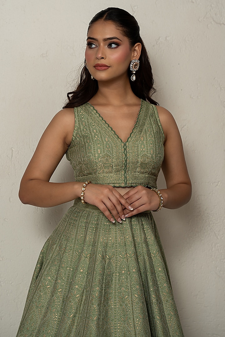 Sage Green Vegan Silk Chikankari Skirt Set by Safaa at Pernia's Pop Up Shop