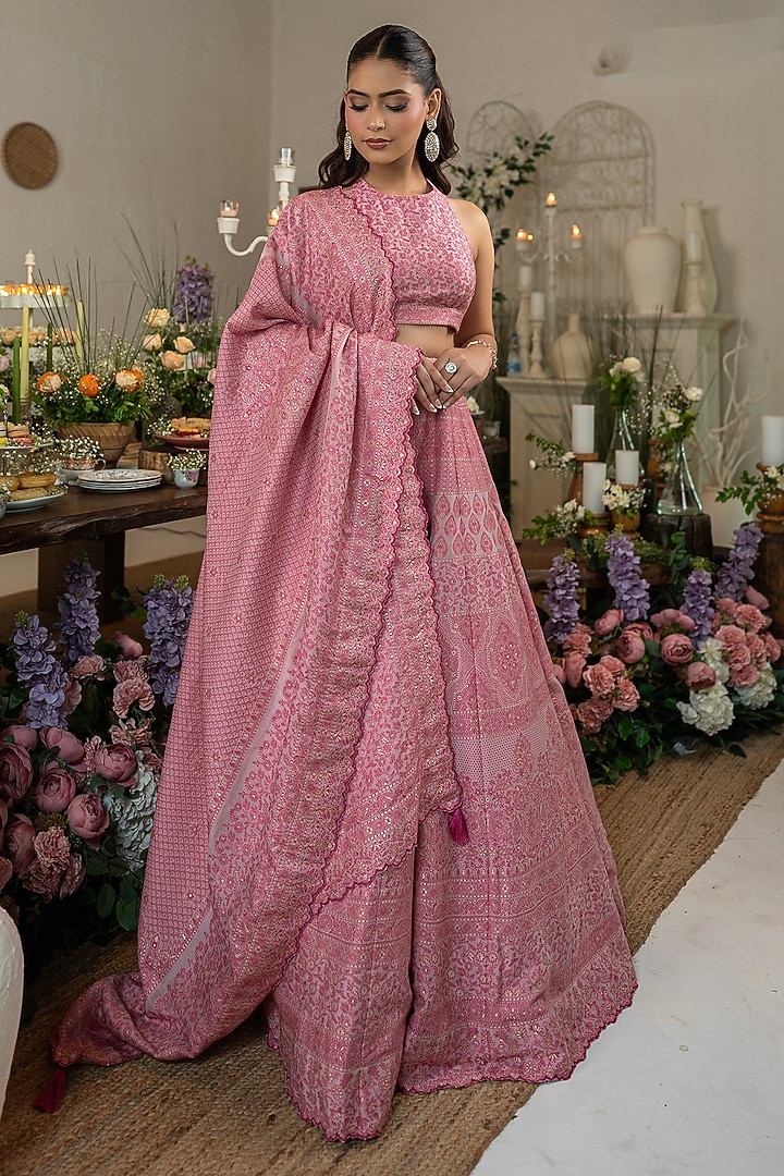 Primrose Pink Vegan Silk Chikankari Wedding Lehenga Set by Safaa at Pernia's Pop Up Shop