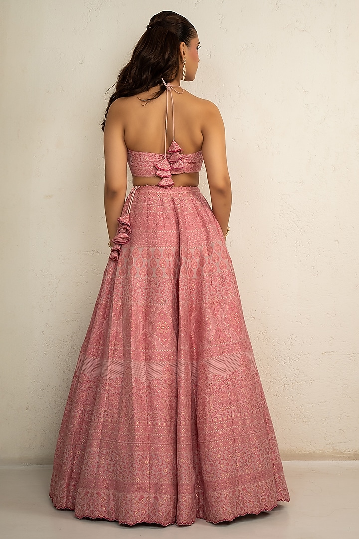 Primrose Pink Vegan Silk Chikankari Wedding Lehenga Set by Safaa at Pernia's Pop Up Shop