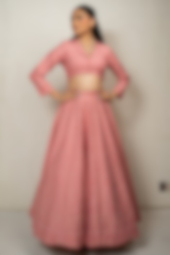 Peach Vegan Silk Chikankari Skirt Set by Safaa at Pernia's Pop Up Shop