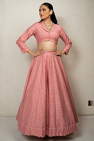 Peach Vegan Silk Chikankari Skirt Set by Safaa