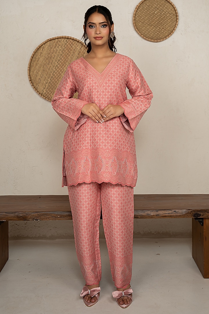 Soft Peach Moonga Silk Chikankari Co-Ord Set by Safaa at Pernia's Pop Up Shop