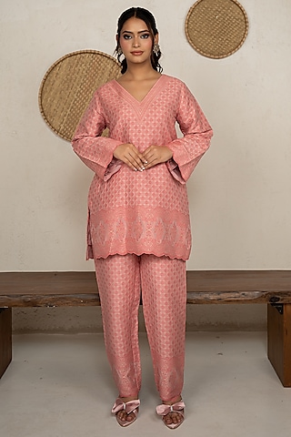Soft Peach Moonga Silk Chikankari Co-Ord Set by Safaa